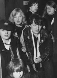 (Clockwise) Tom, Jo, Karen, Scruf, Scruff & Kate - in a Glasgow launderette, 1979.